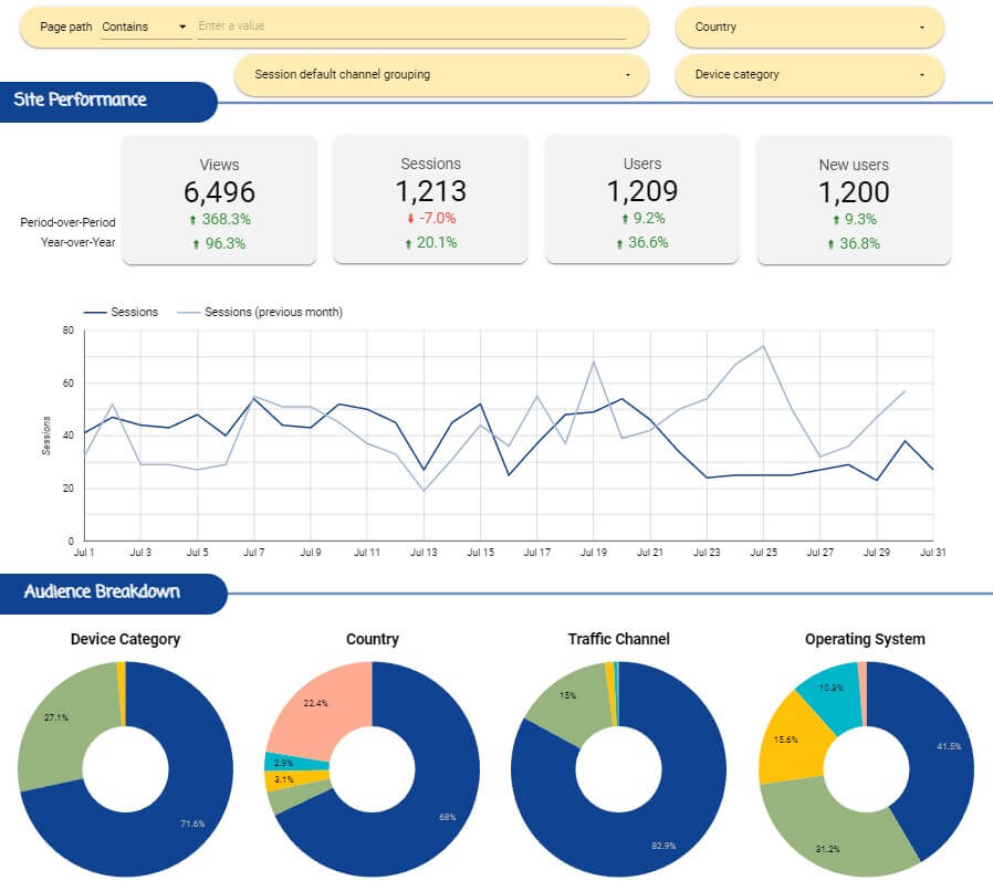 Analytics dashboard with many charts and metrics