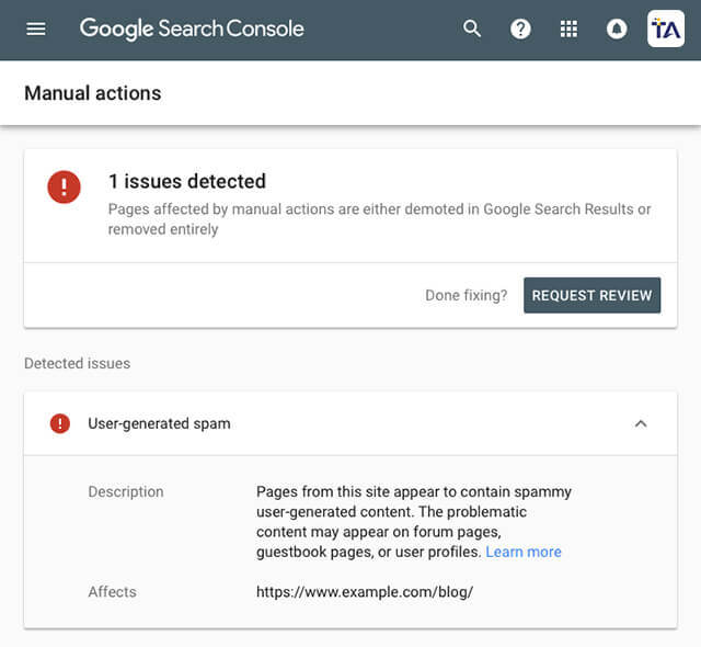 Manual Action penalty example in Google Search Console