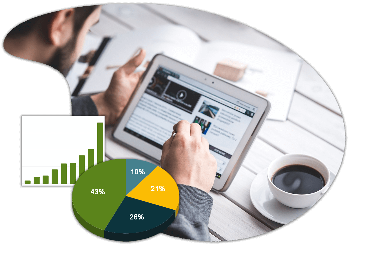 Person reading on a tablet with data charts next to it