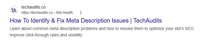 SERP example for the "how to fix meta descriptions page" showing title, meta description, breadcrumb