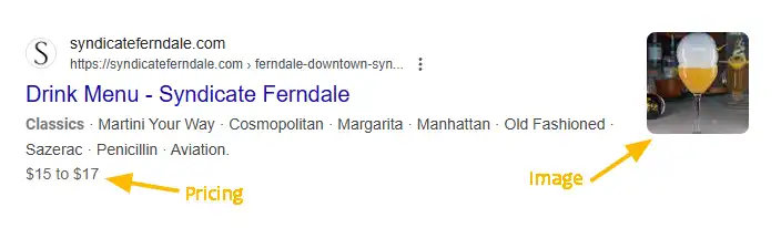 Search engine result listing with image and pricing rich results